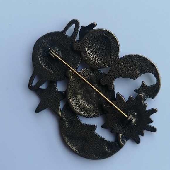 Celestial Themed Brooch Sun Moon Star Bronze Tone Purple Pink Accents - Picture 7 of 9